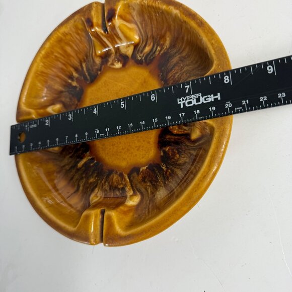 MCM Retro 60s Ashtray USA Pottery Drip Glazed VTG Mustard Yellow Brown Grooves - Picture 7 of 12
